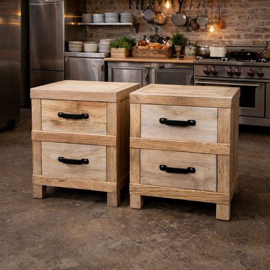 2 X FAIRMONT RECLAIMED ELM TIMBER 2 DRAWER BEDSIDE TABLE RUSTIC