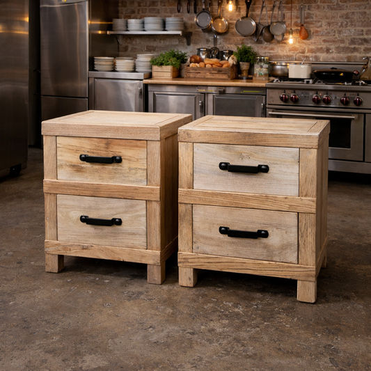 2 X FAIRMONT RECLAIMED ELM TIMBER 2 DRAWER BEDSIDE TABLE RUSTIC - MyChocolateWood