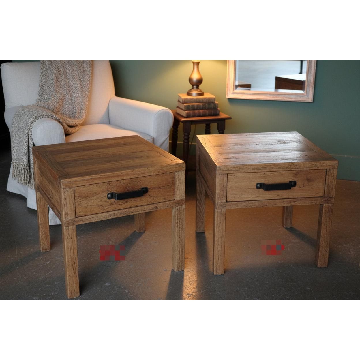 FAIRMONT RECLAIMED ELM TIMBER 1 DRAW SIDE TABLE RUSTIC - MyChocolateWood