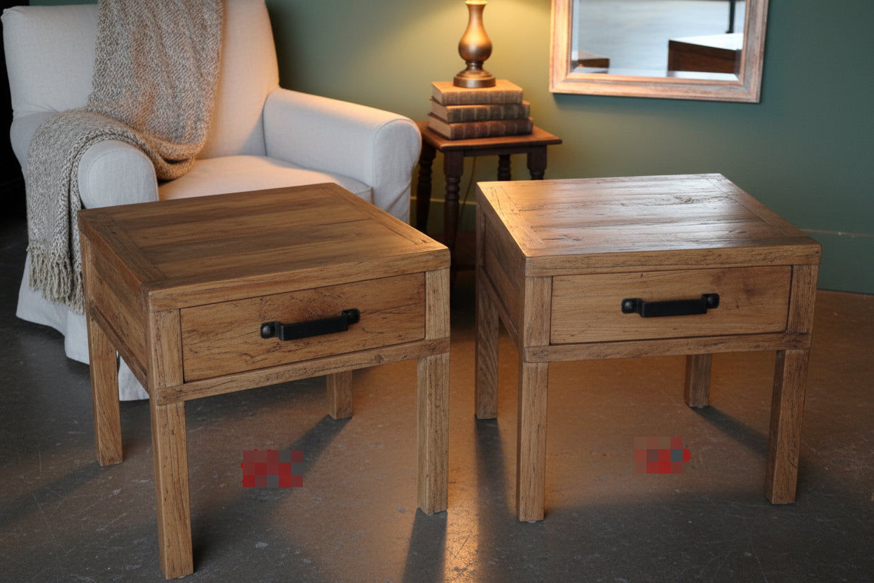 FAIRMONT RECLAIMED ELM TIMBER 1 DRAW SIDE TABLE RUSTIC - MyChocolateWood