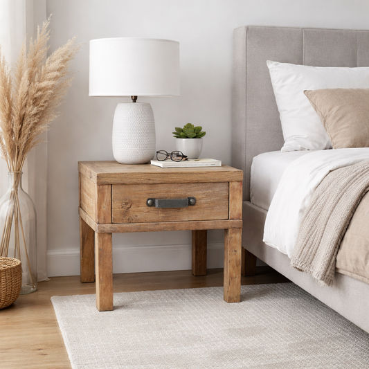 FAIRMONT RECLAIMED ELM TIMBER 1 DRAW SIDE TABLE RUSTIC - MyChocolateWood