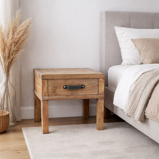 FAIRMONT RECLAIMED ELM TIMBER 1 DRAW SIDE TABLE RUSTIC - MyChocolateWood
