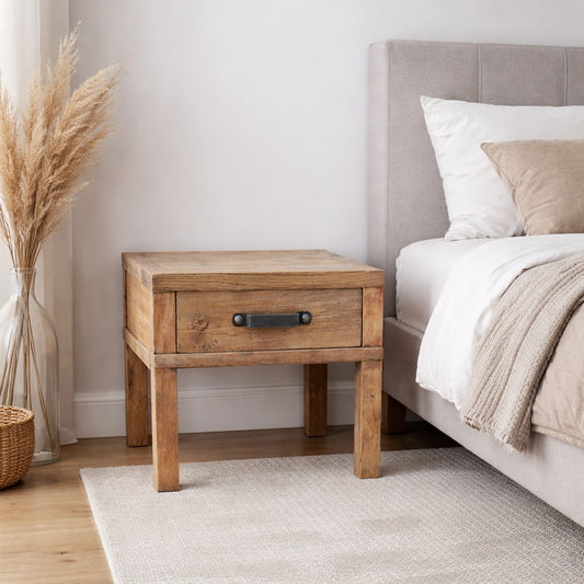 FAIRMONT RECLAIMED ELM TIMBER 1 DRAW SIDE TABLE RUSTIC - MyChocolateWood