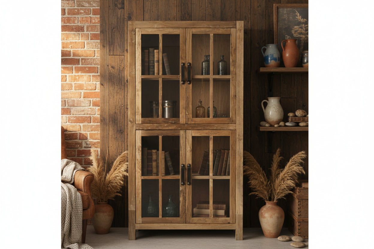 FAIRMONT RECYCLED ELM GLASS CABINET - NATURAL - MyChocolateWood