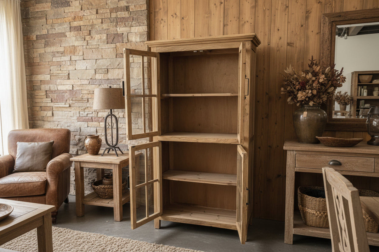 FAIRMONT RECYCLED ELM GLASS CABINET - NATURAL - MyChocolateWood