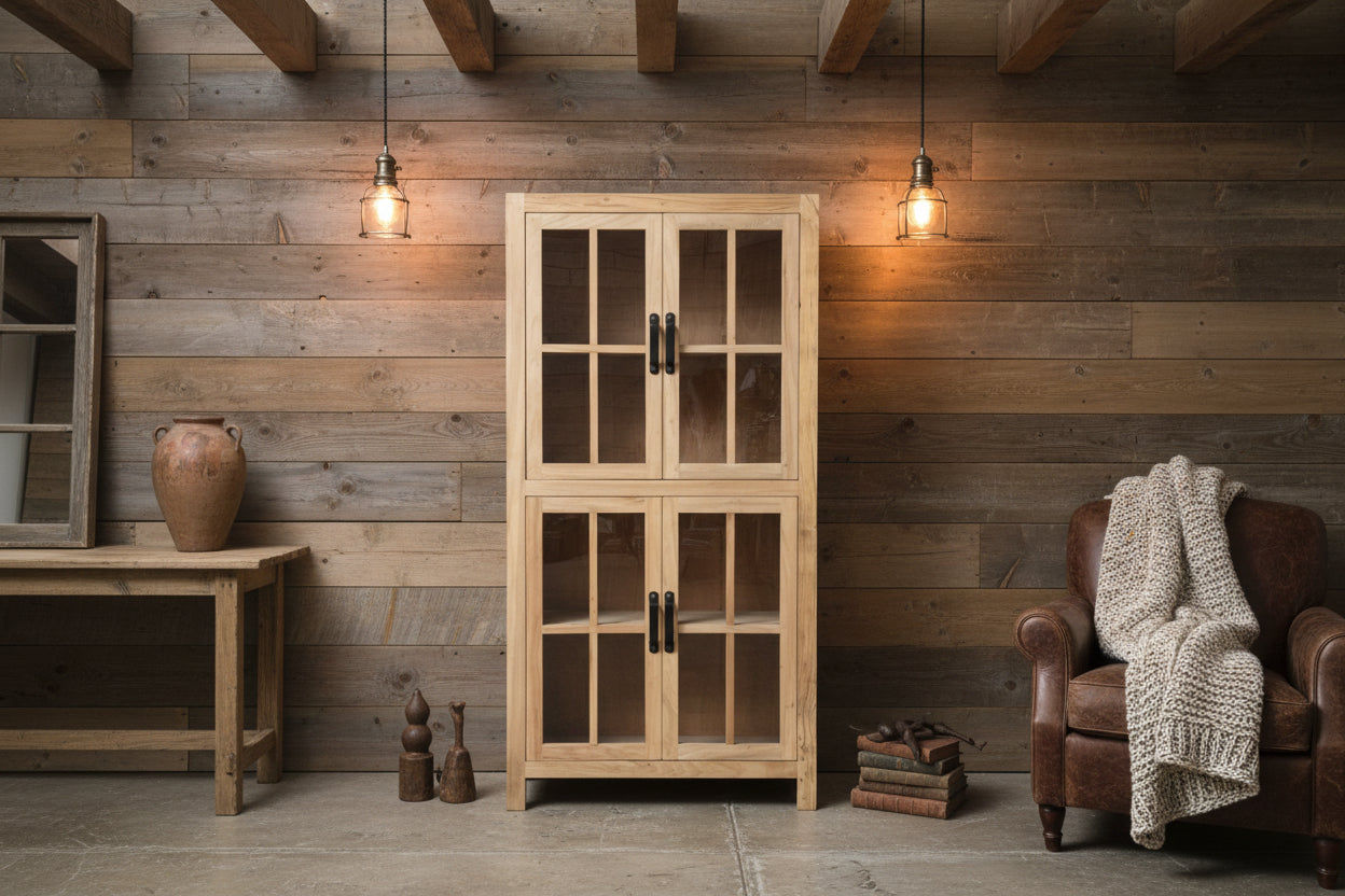 FAIRMONT RECYCLED ELM GLASS CABINET - NATURAL - MyChocolateWood