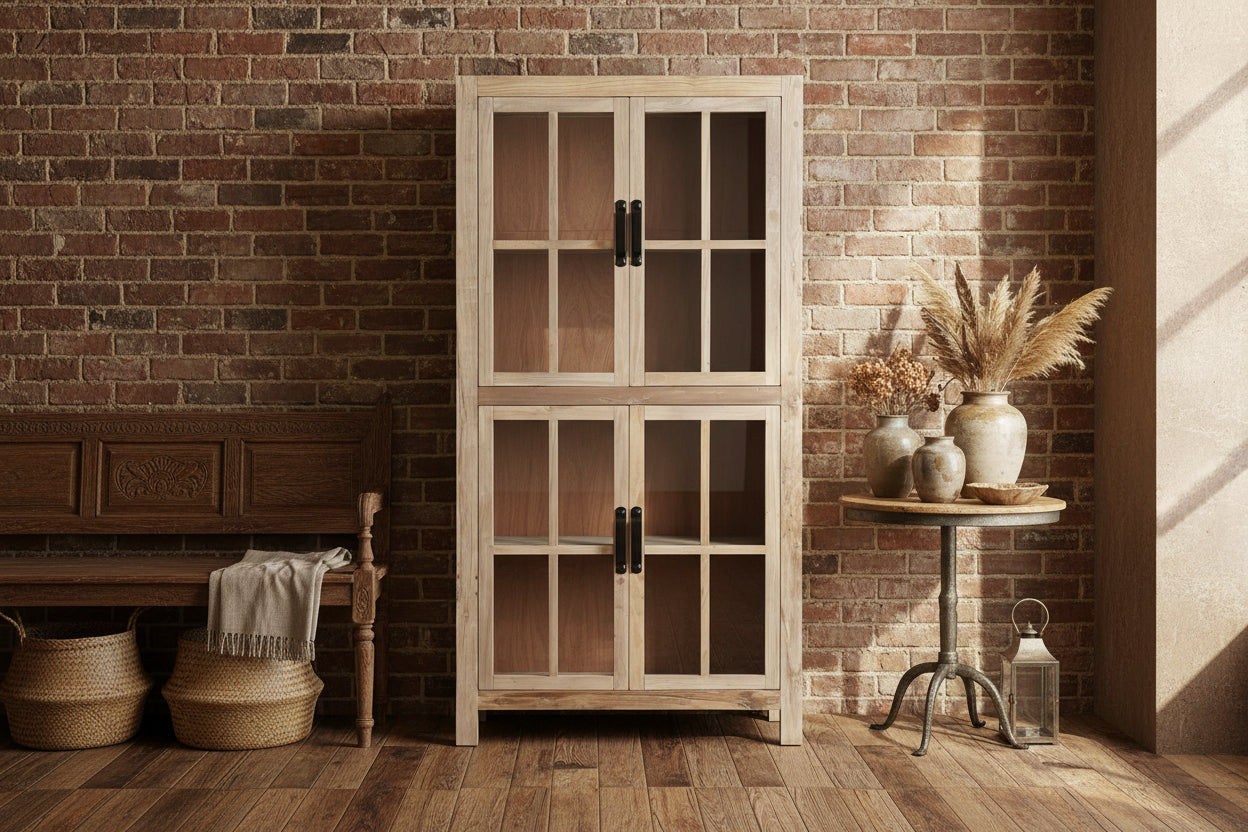 FAIRMONT RECYCLED ELM GLASS CABINET - NATURAL - MyChocolateWood