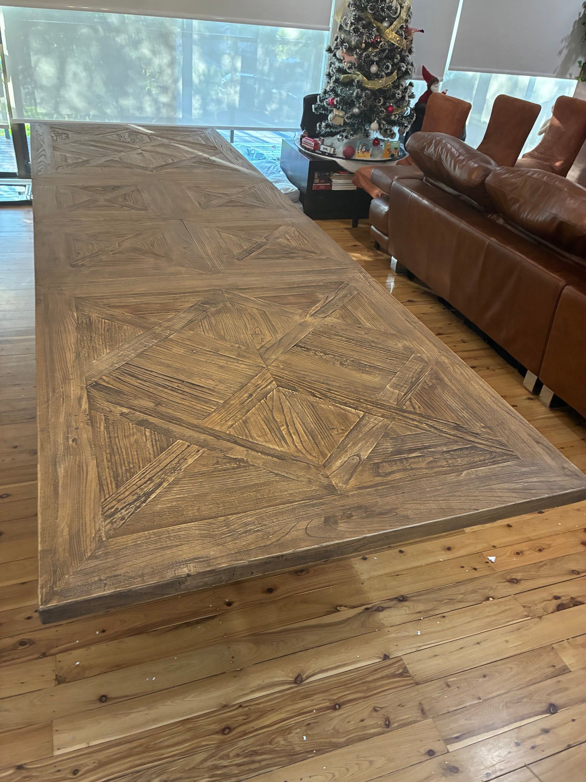 HARLOW PARQUET RECLAIMED ELM DOUBLE EXTENSION DINING TABLE WITH PEDESTAL BASE 210/260/310CM NATURAL ELM - MyChocolateWood