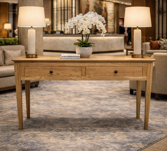 Solid oak Ella console table with two drawers, featuring a natural wood finish and sleek design from MyChocolateWood.