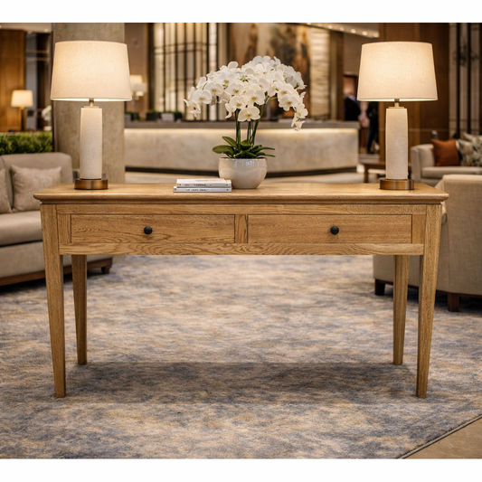Solid oak Ella console table with two drawers, featuring a natural wood finish and sleek design from MyChocolateWood.