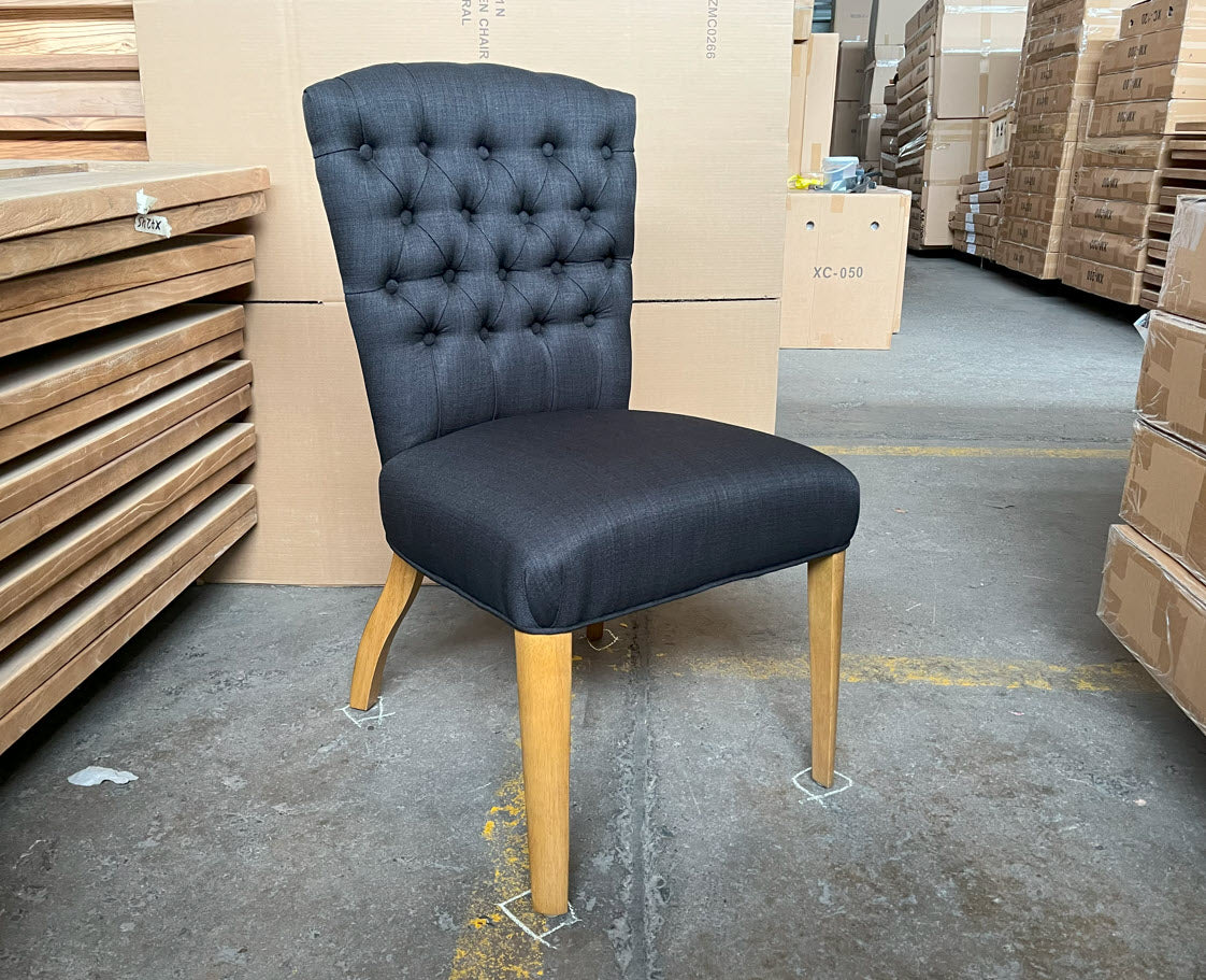 MURDOCH SOLID OAK FRAME LINEN DINING CHAIR BLACK - EOFY STOCK CLEARANCE