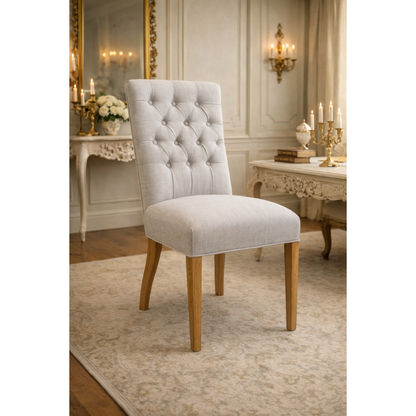 Chocolate Wood Murdoch solid oak linen dining chair showing a padded linen seat and sturdy wooden frame.