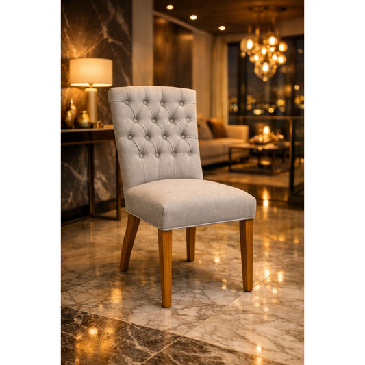 Solid oak linen dining chair from MyChocolateWood featuring a sleek frame and comfortable linen upholstery.
