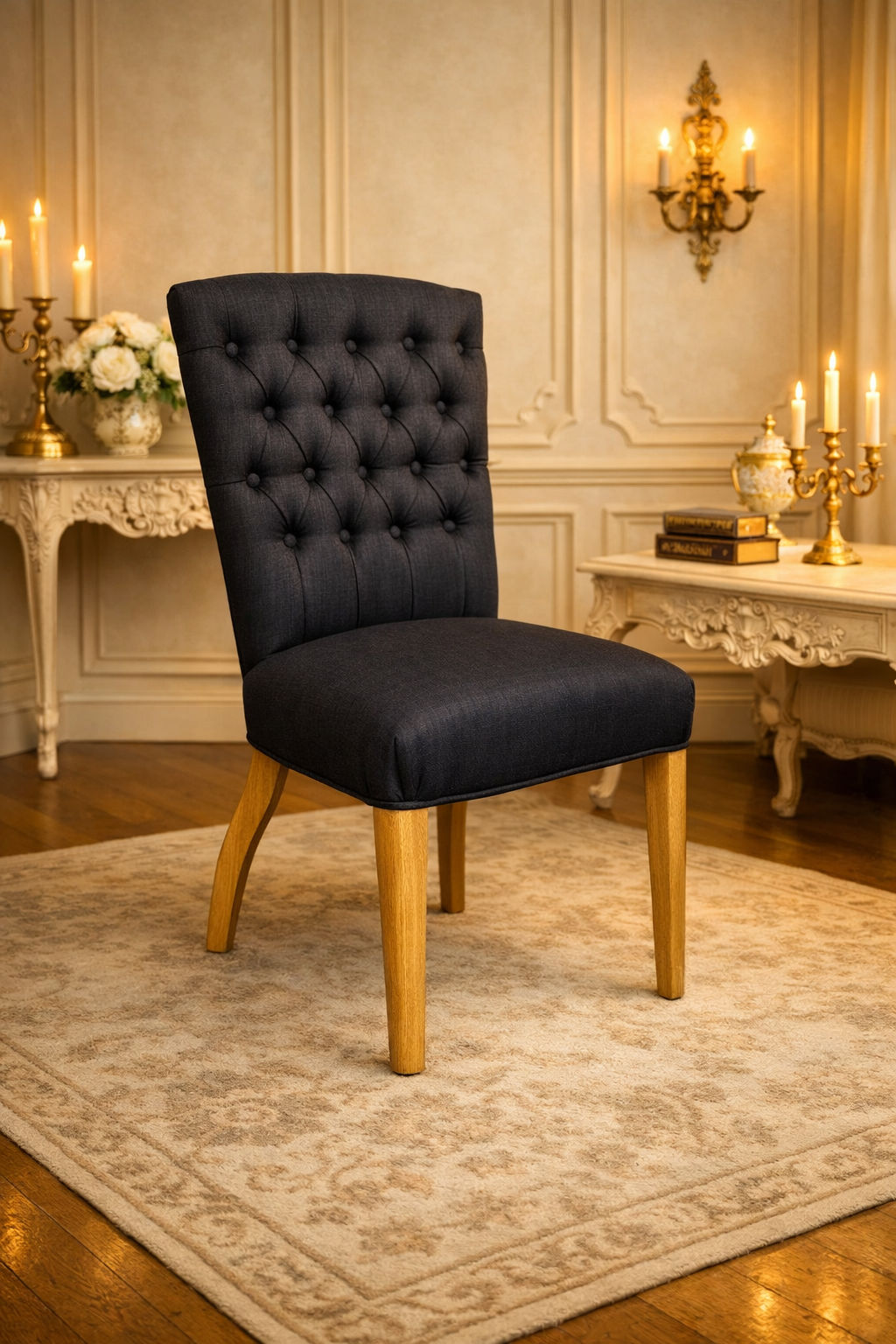 MURDOCH SOLID OAK FRAME LINEN DINING CHAIR BLACK - EOFY STOCK CLEARANCE