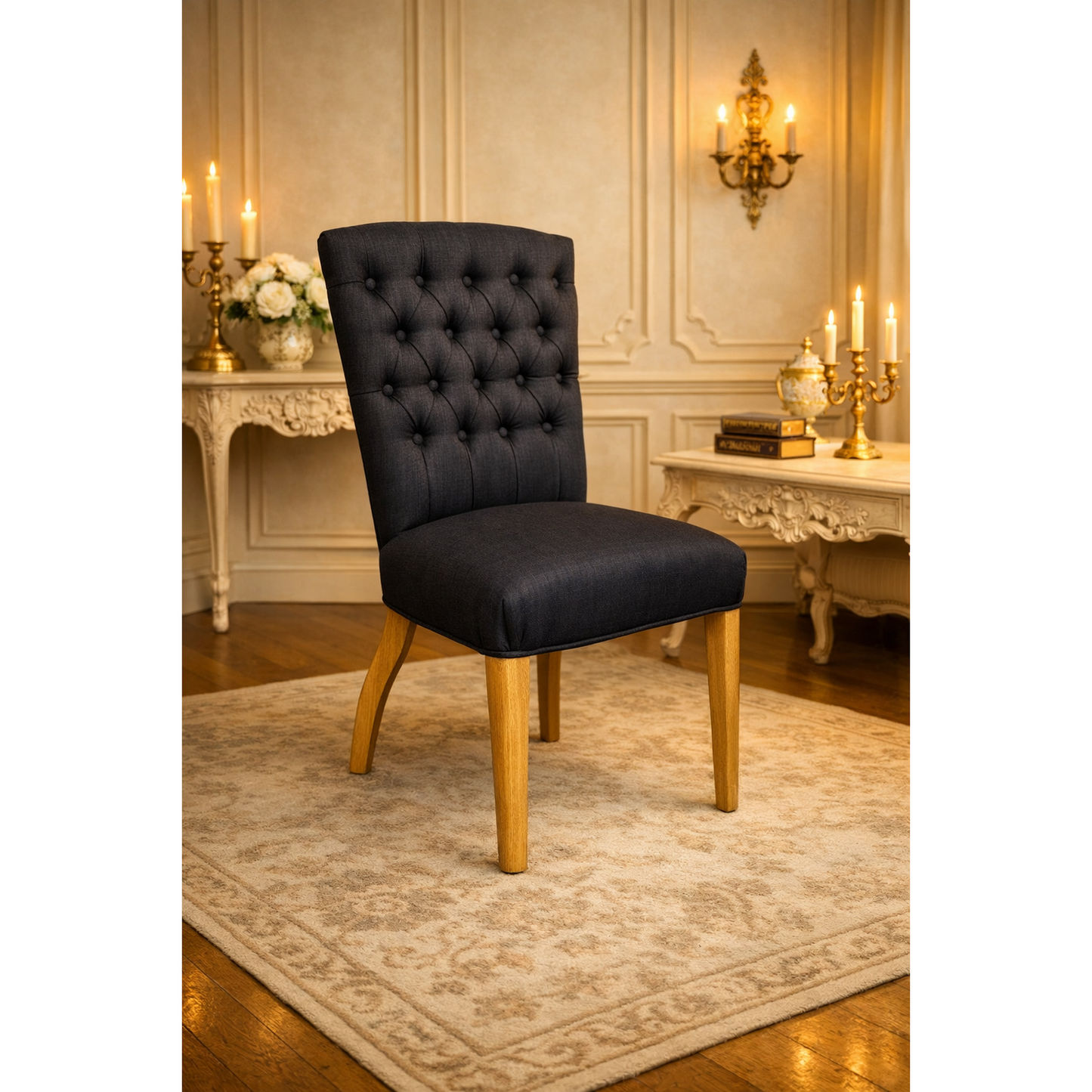 Murdoch Solid Oak Frame Linen Dining Chair in Black - Chocolate Wood