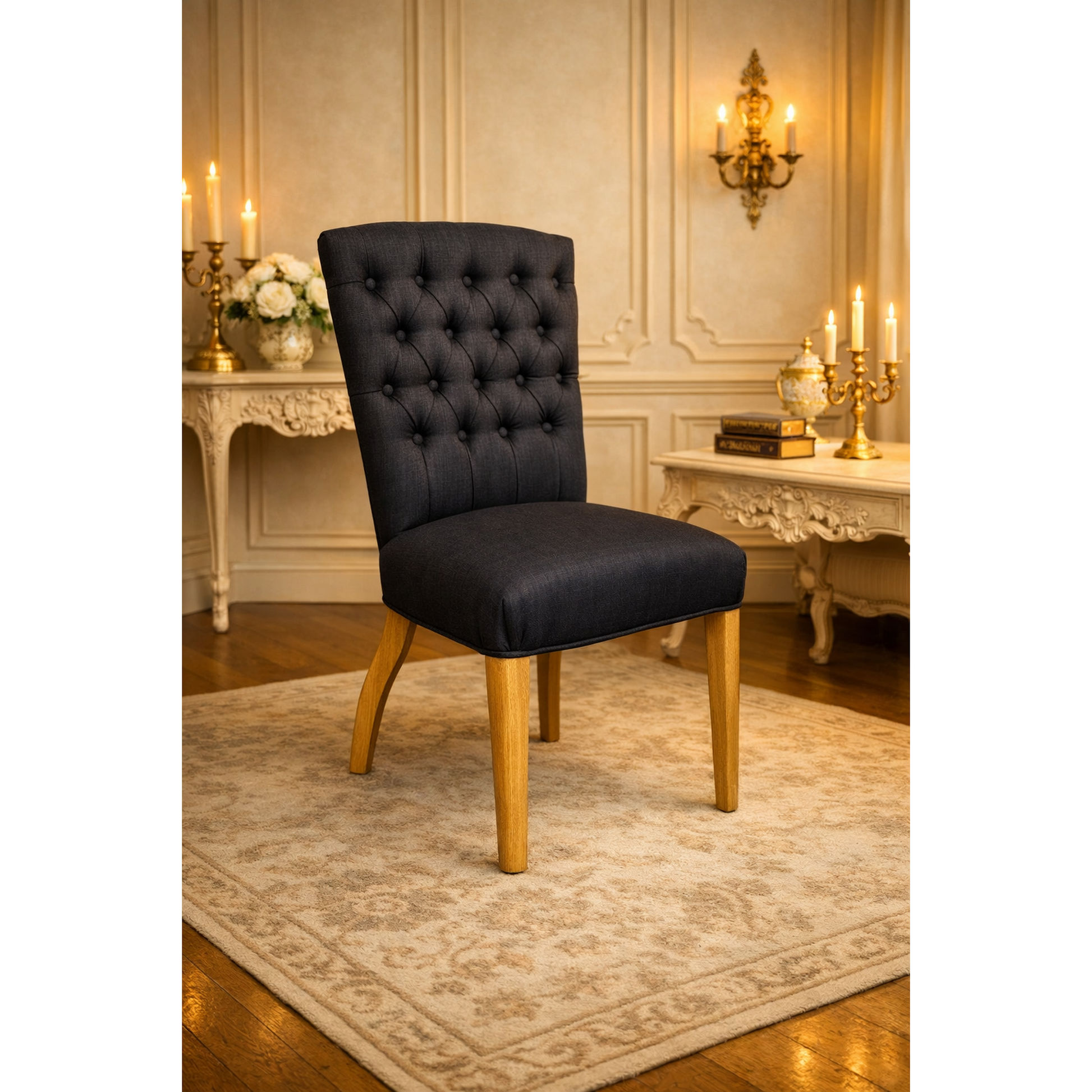 Murdoch Solid Oak Frame Linen Dining Chair in Black - Chocolate Wood