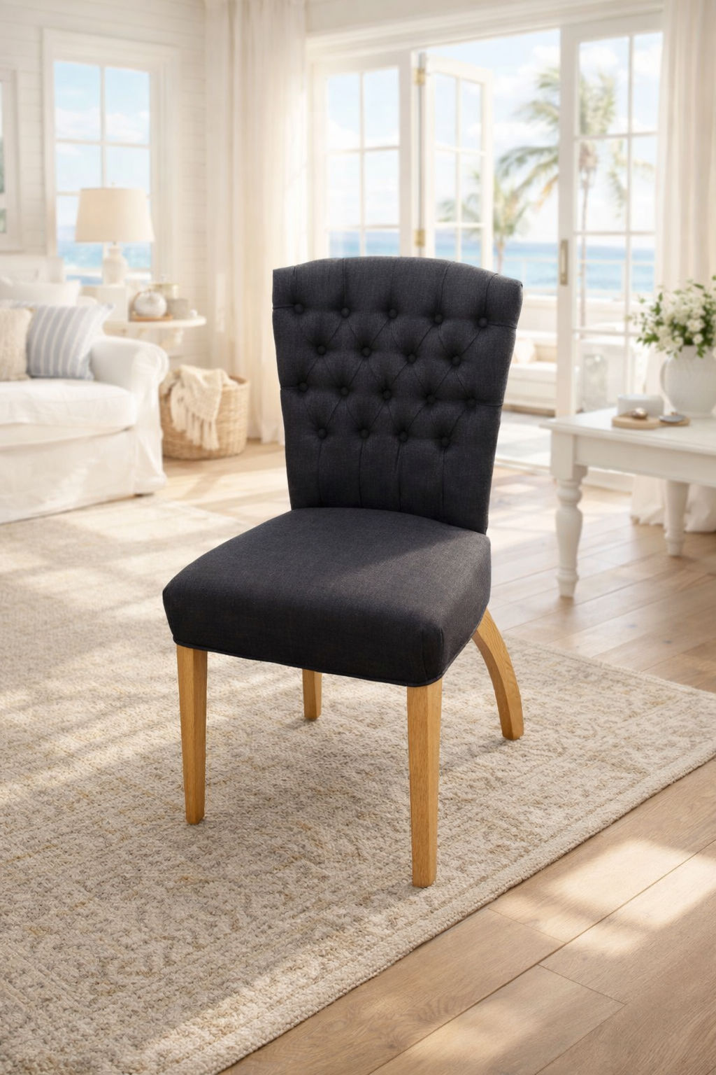 MURDOCH SOLID OAK FRAME LINEN DINING CHAIR BLACK - EOFY STOCK CLEARANCE