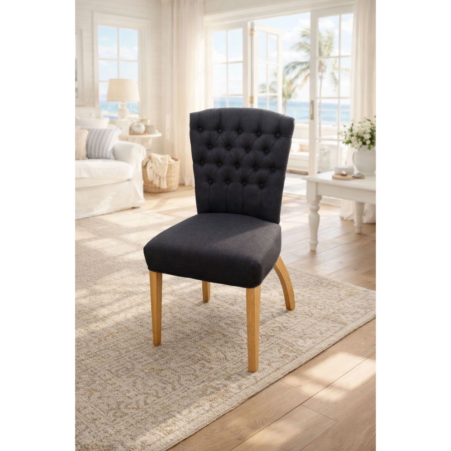 Murdoch Solid Oak Frame Linen Dining Chair in Black - Chocolate Wood