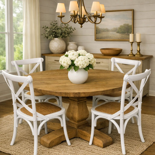 RHIANNON ROUND DINING TABLE IN RECYCLED ELM 120CM DIAMETER + 4 MELROSE DINING CHAIRS IN WHITE