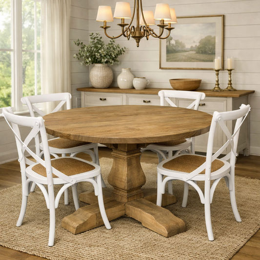 RHIANNON ROUND DINING TABLE IN RECYCLED ELM 120CM DIAMETER + 4 MELROSE DINING CHAIRS IN WHITE