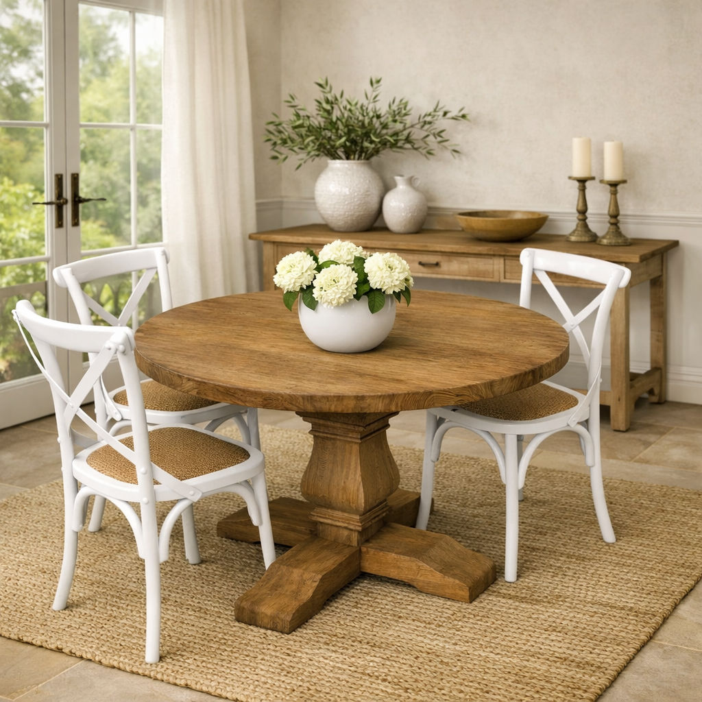 RHIANNON ROUND DINING TABLE IN RECYCLED ELM 120CM DIAMETER + 4 MELROSE DINING CHAIRS IN WHITE