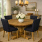RHIANNON round dining table in recycled elm with 120cm diameter, paired with four black SANTIAGO dining chairs.