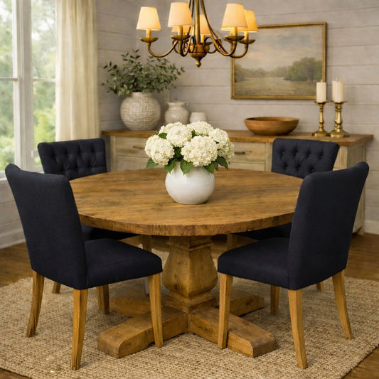 RHIANNON ROUND DINING TABLE IN RECYCLED ELM 120CM DIAMETER + 4 SANTIAGO DINING CHAIRS BLACK
