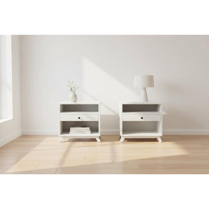 Pair of white MOUS nightstands or lamp tables by Chocolate Wood, featuring a sleek modern design with wood finish and storage drawers.