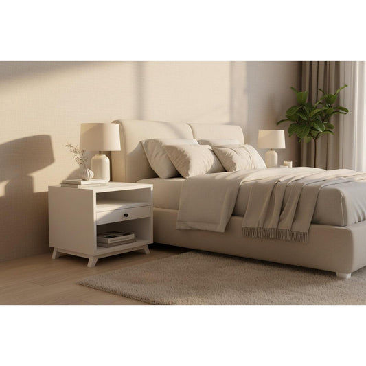 Two white MOUS nightstands or lamp tables from MyChocolateWood with a simple, modern design and smooth finish.