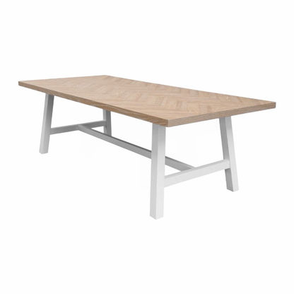 ONDINA Parquetry Top Dining Table by Chocolate Wood, 190cm whitewashed oak surface with white painted base, modern and elegant design