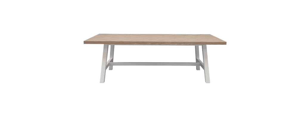 ONDINA PARQUETRY TOP DINING TABLE 240CM WHITEWASH OAK TOP/WHITE PAINTED BASE