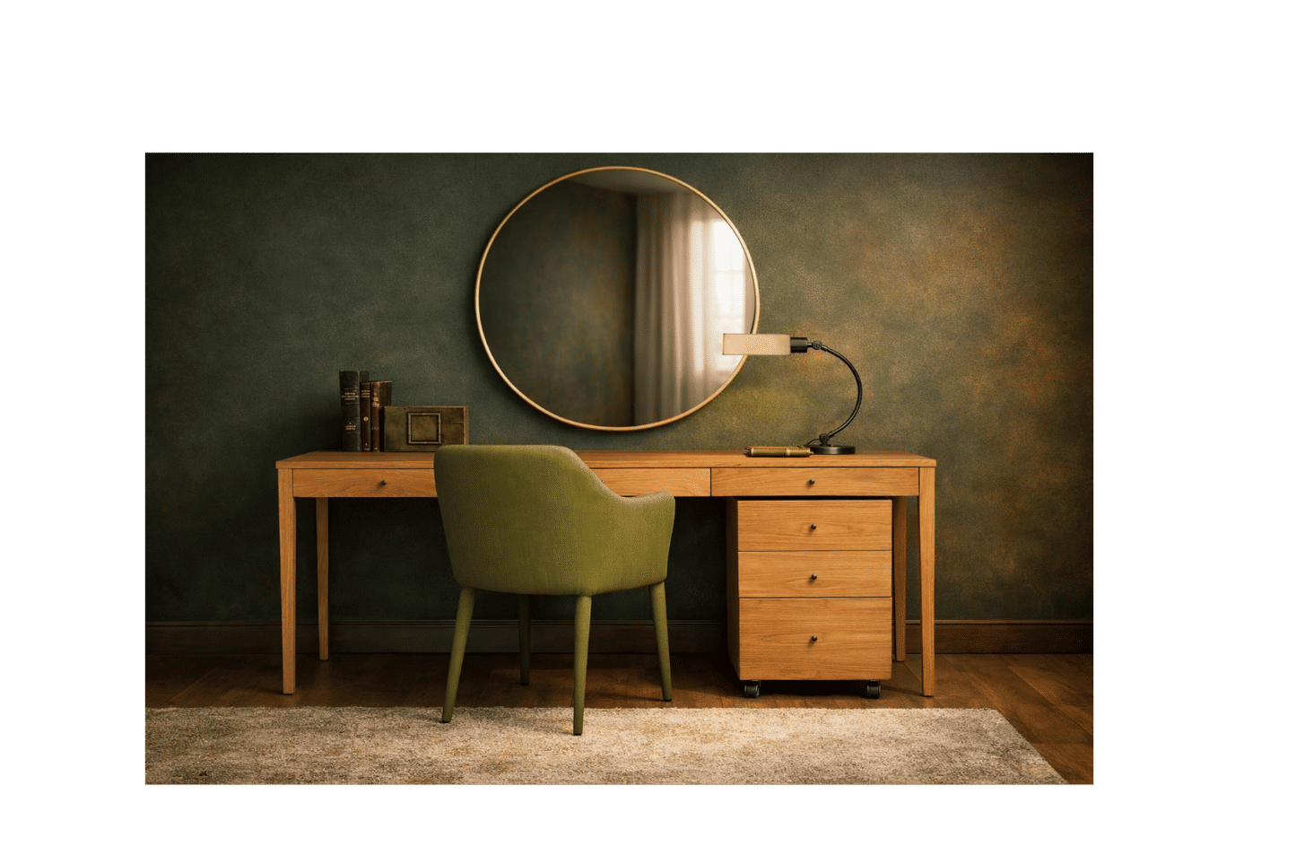 Solid Victorian Ash custom-made Denver desk with pencil drawers and filing cabinet by MyChocolateWood, showing the polished wood surface.