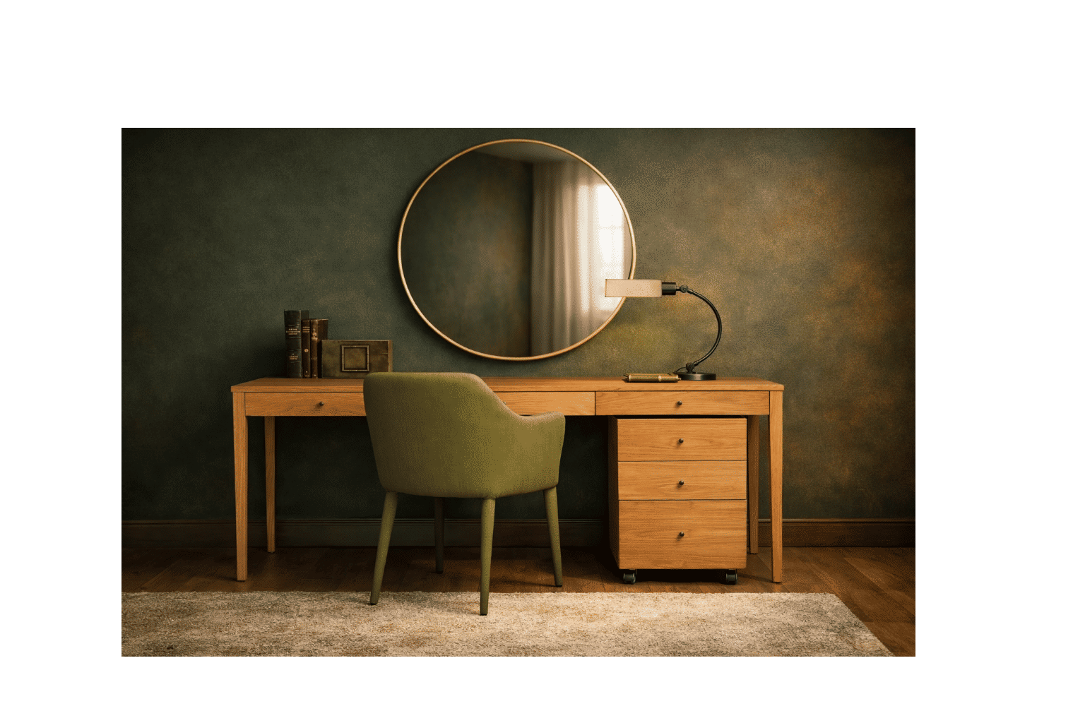 Solid Victorian Ash custom-made Denver desk with pencil drawers and filing cabinet by MyChocolateWood, showing the polished wood surface.