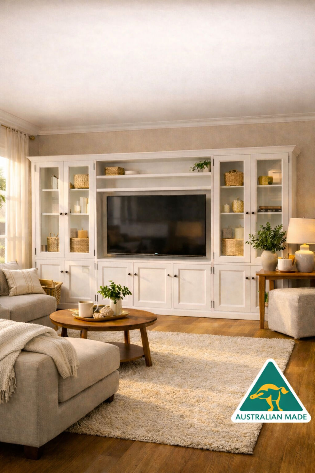 MyChocolateWood Concord 4-piece wall unit with TV stand, bookshelves, and storage cabinets for modern living room decor.