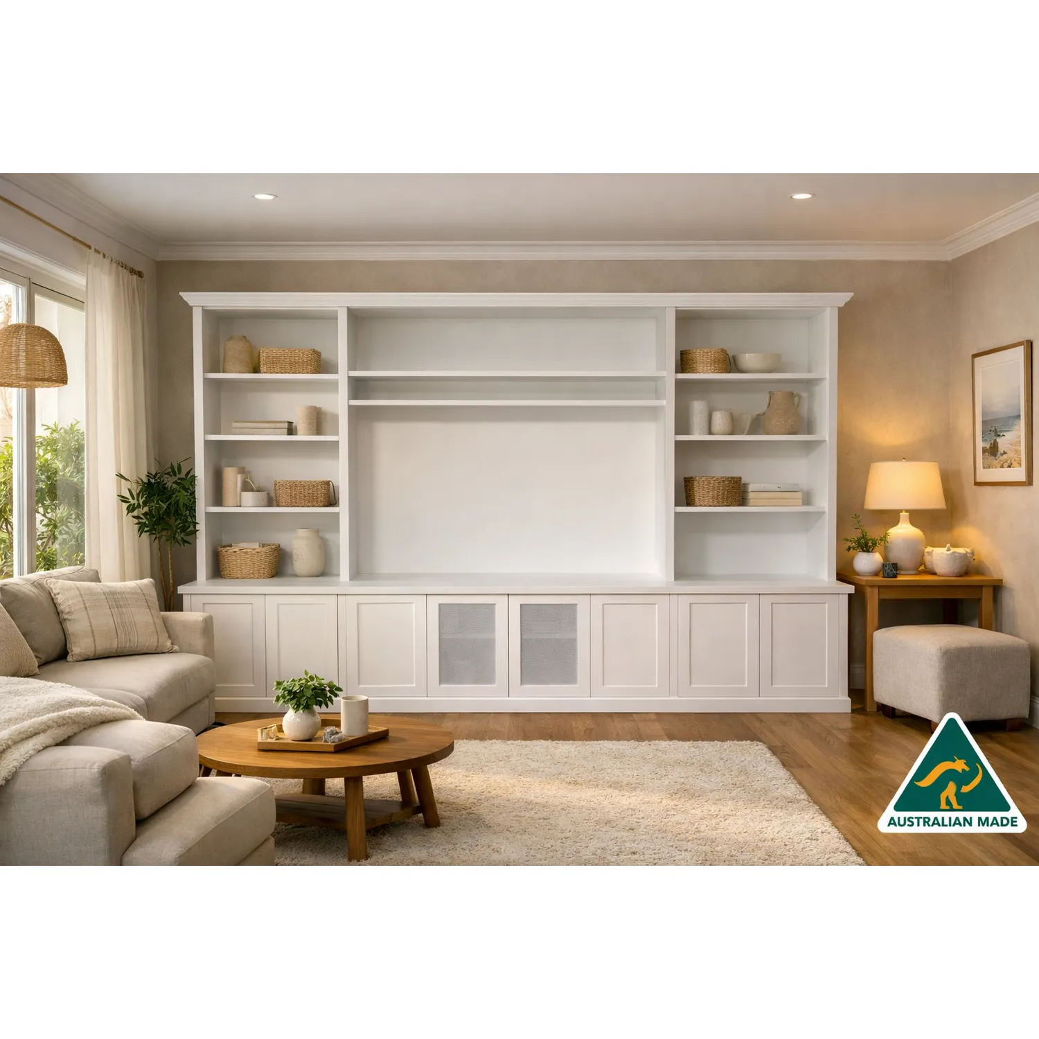 HARRINGTON 5-piece wall unit TV entertainment center and bookshelf by MyChocolateWood, featuring open shelves and storage cabinets.