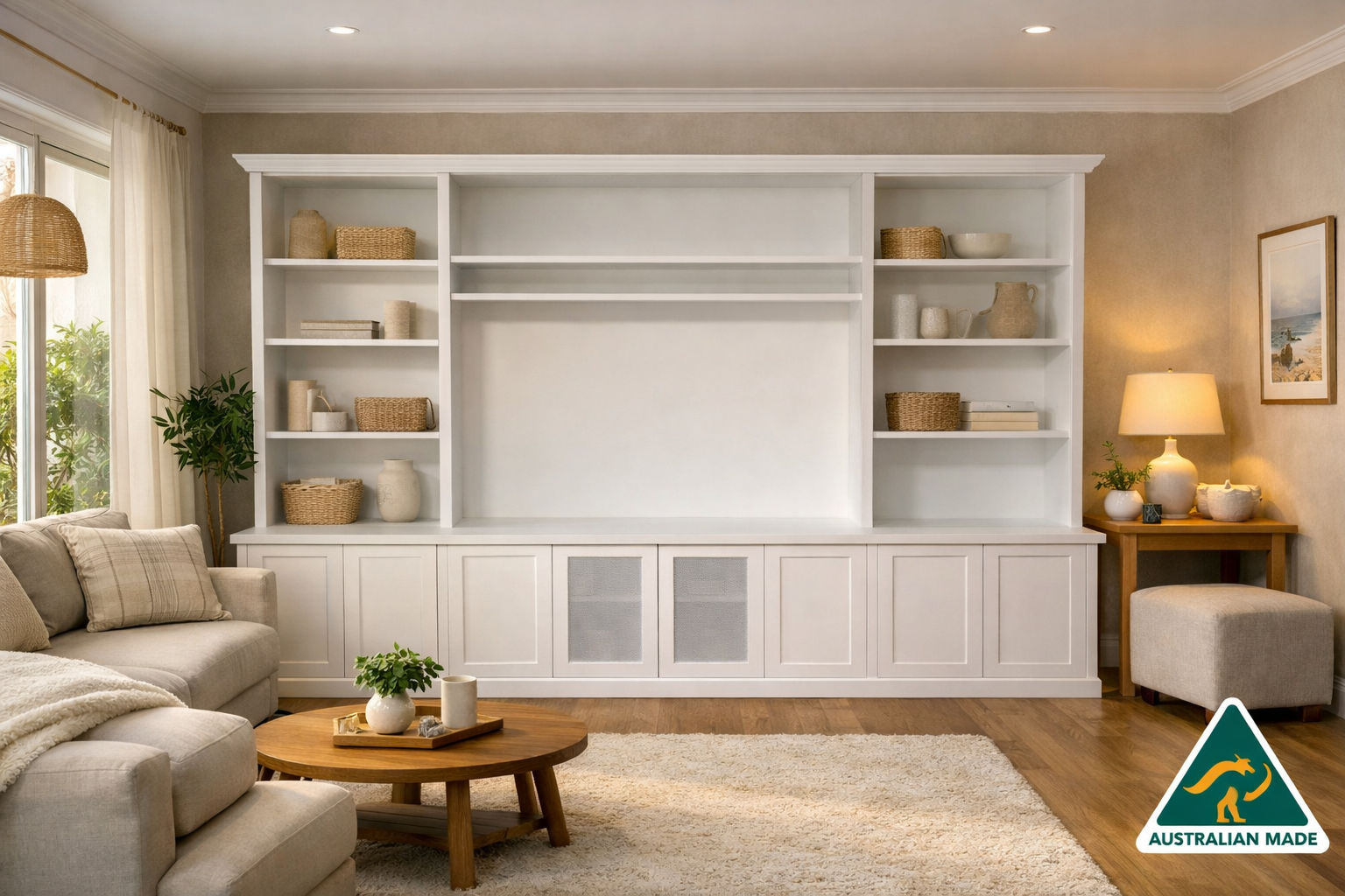 HARRINGTON 5-piece wall unit TV entertainment center and bookshelf by MyChocolateWood, featuring open shelves and storage cabinets.