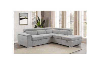 SUTTON FABRIC 2-SEATER CORNER SOFA W/BED, STORAGE OTTOMAN & RHF CHAISE LIGHT GREY
