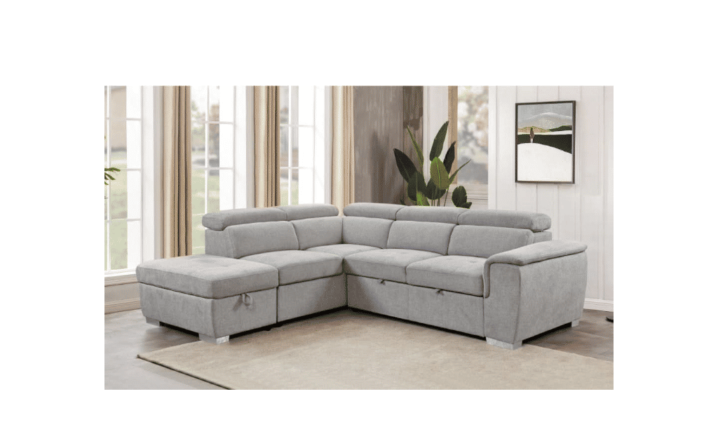 SUTTON FABRIC 2-SEATER CORNER SOFA W/BED,STORAGE OTTOMAN & LHF CHAISE LIGHT GREY