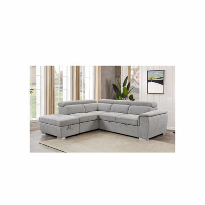 Sutton Fabric 2-Seater Corner Sofa with Bed, Storage Ottoman & Chaise in Light Grey-MyChocolateWood