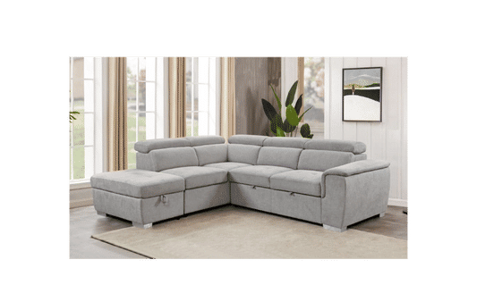 SUTTON FABRIC 2-SEATER CORNER SOFA W/BED,STORAGE OTTOMAN & LHF CHAISE LIGHT GREY