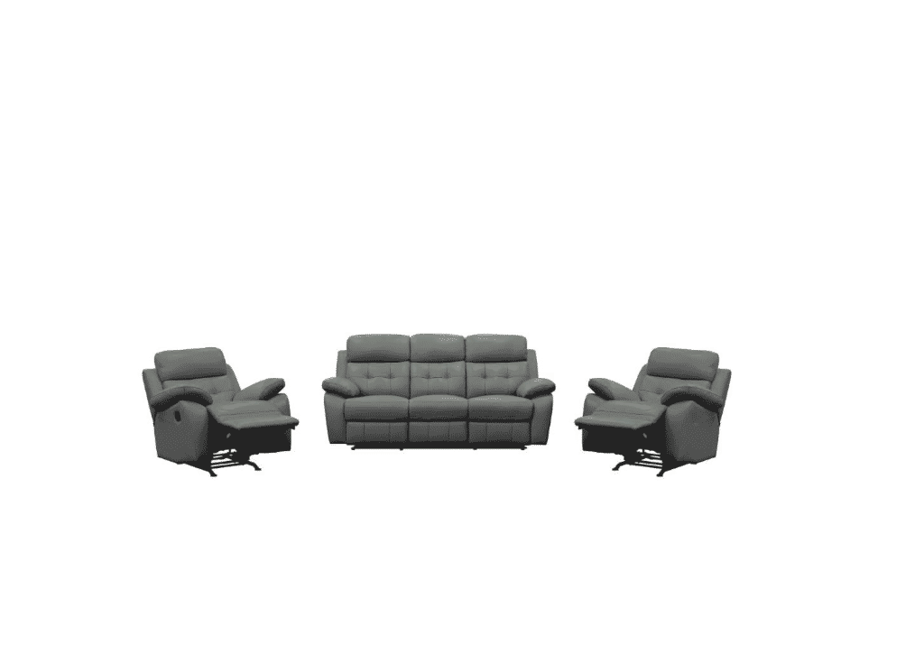 STELLAR 3PCE MANUAL LEATHER RECLINER SET - 3 SEATER + 2 SINGLE RECLINERS GREY