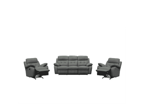 STELLAR 3PCE MANUAL LEATHER RECLINER SET - 3 SEATER + 2 SINGLE RECLINERS GREY