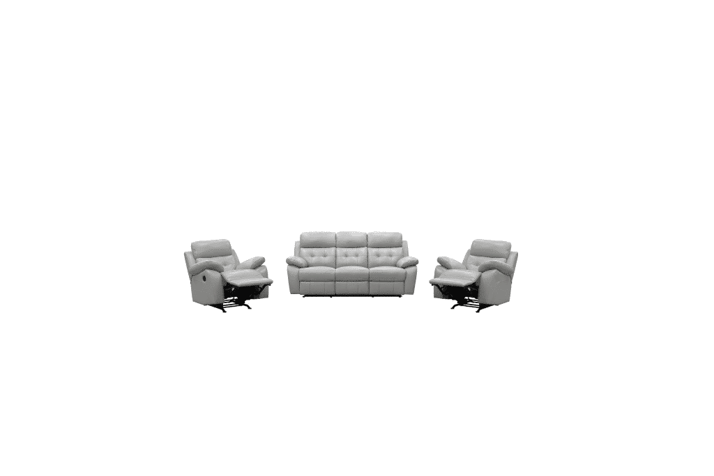 STELLAR 3PCE MANUAL LEATHER RECLINER SET - 3 SEATER + 2 SINGLE RECLINERS SILVER