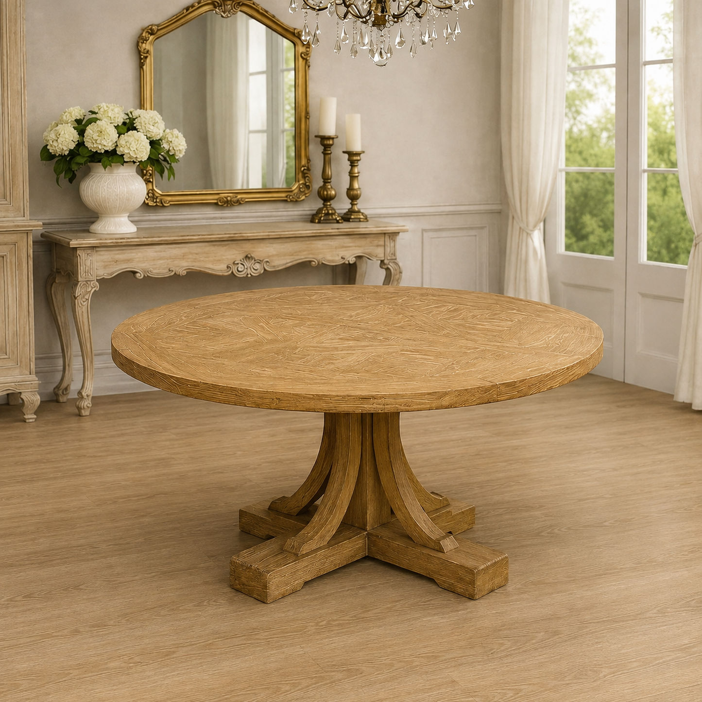 Valentina Reclaimed Elm Wood Round Dining Table in Natural - Chocolate Wood