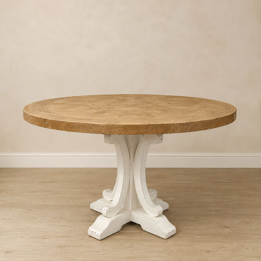 Valentina Reclaimed Elm Wood Round Dining Table, natural top with Distressed White base - Chocolate Wood