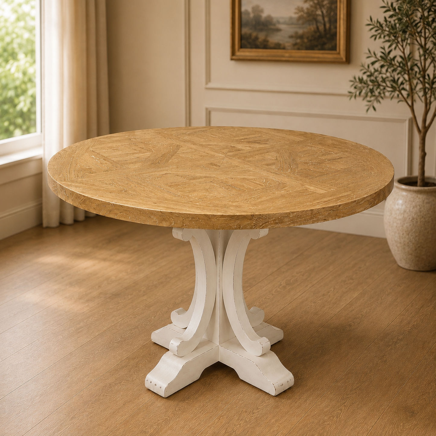 Valentina Reclaimed Elm Wood Round Dining Table, natural top with Distressed White base - Chocolate Wood