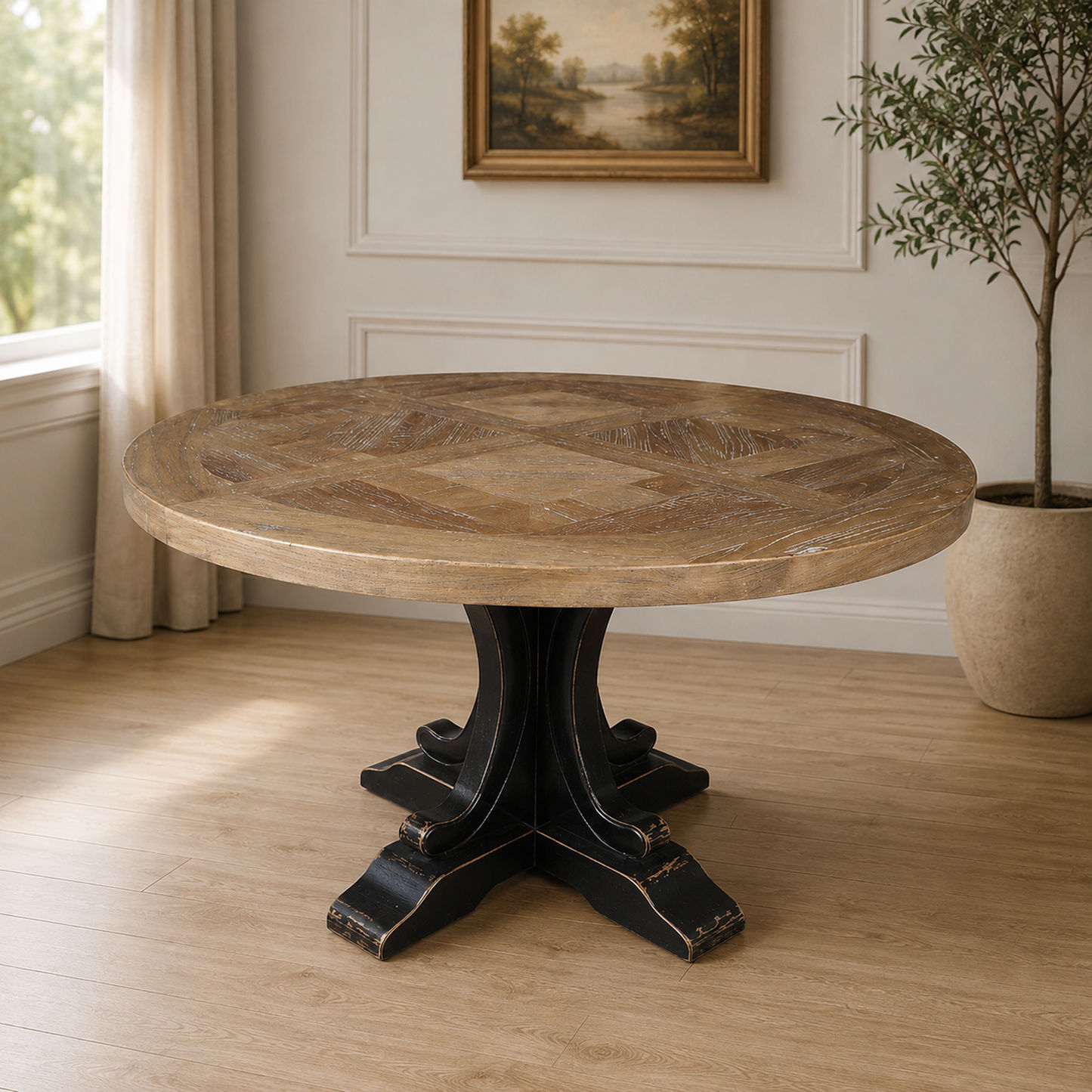 Valentina Reclaimed Elm Wood Round Dining Table, natural top with Distressed Black base - Chocolate Wood