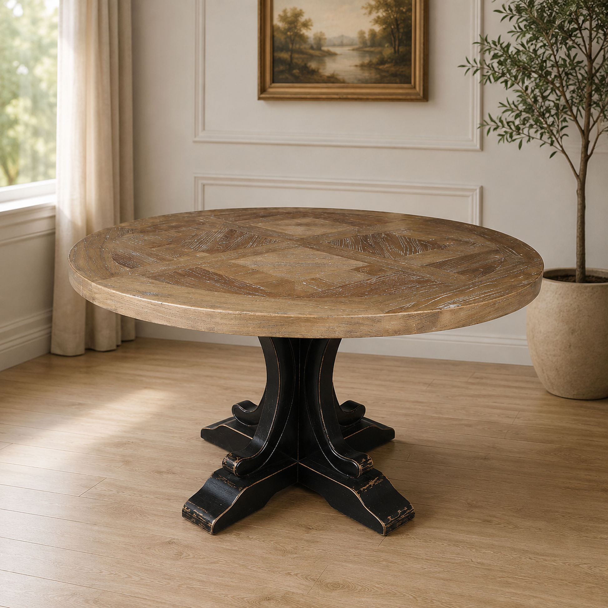 Valentina Reclaimed Elm Wood Round Dining Table, natural top with Distressed Black base - Chocolate Wood