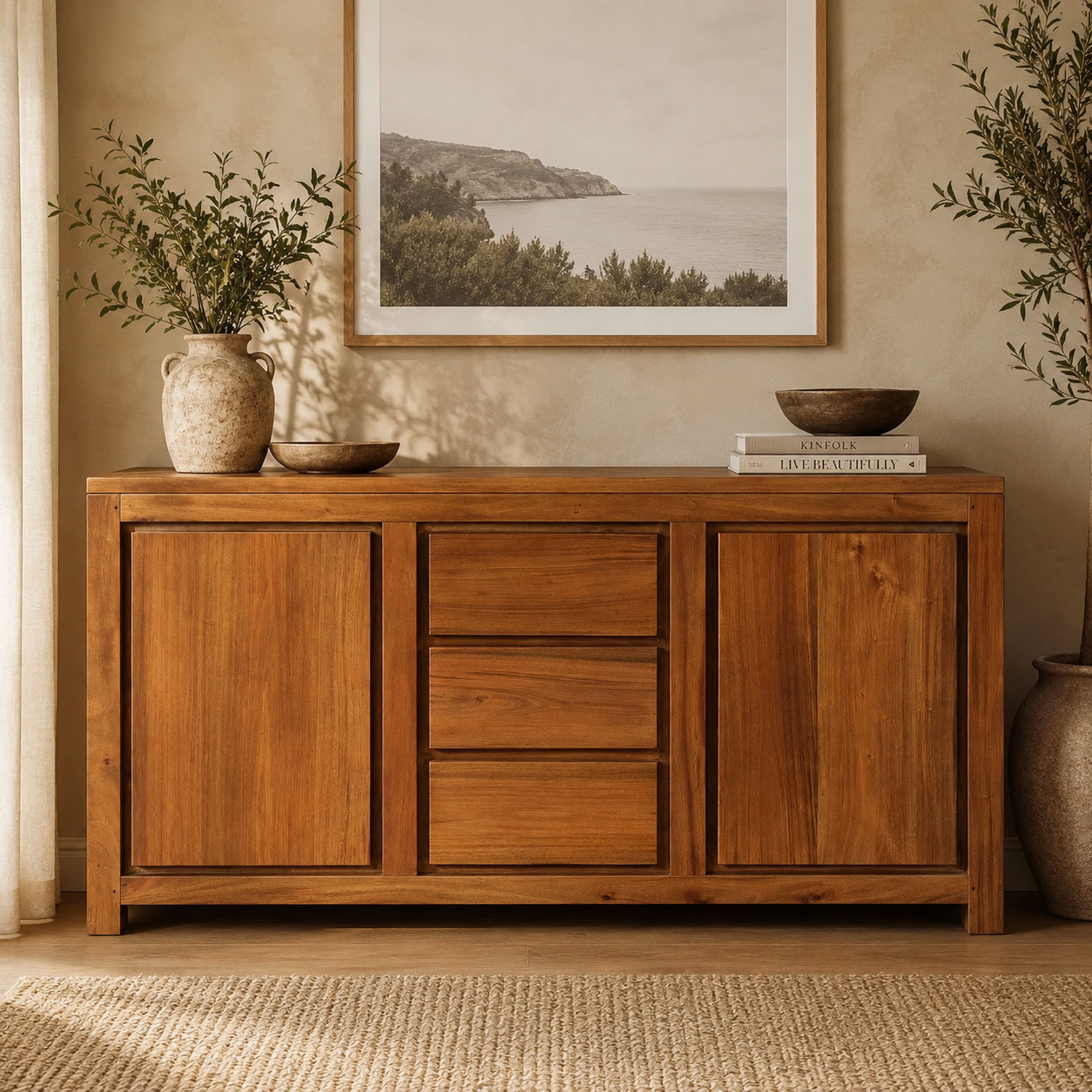 Tanaka Solid Mahogany Buffet 150cm with 2 Doors & 3 Drawers in Light Pecan - Chocolate Wood