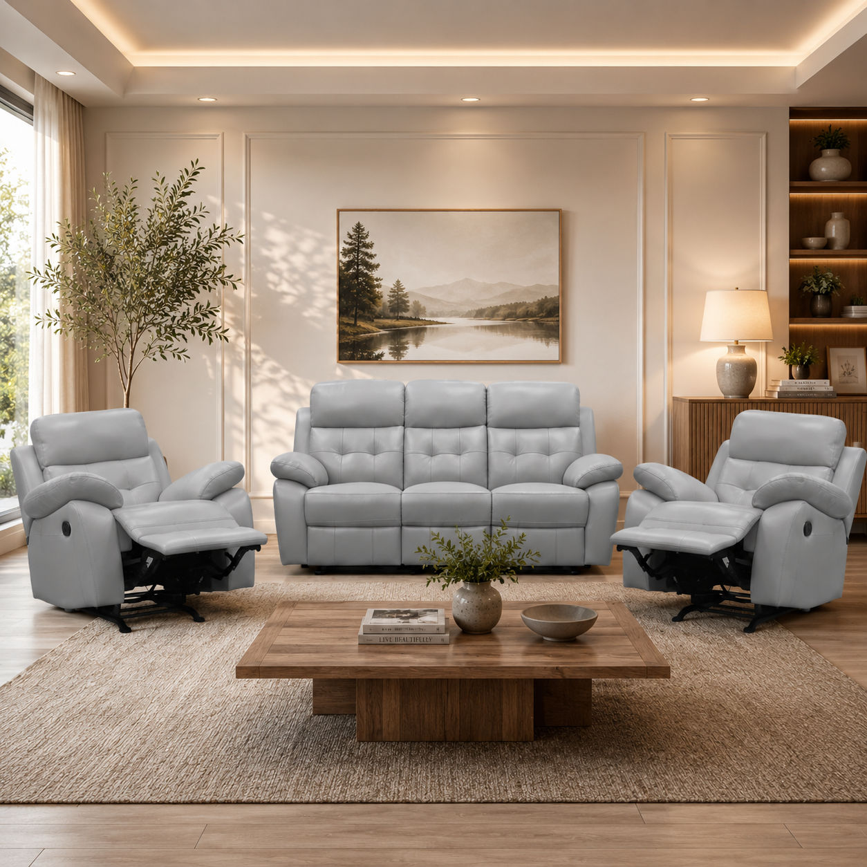 Stellar 3-Piece Manual Leather Recliner Set in Silver